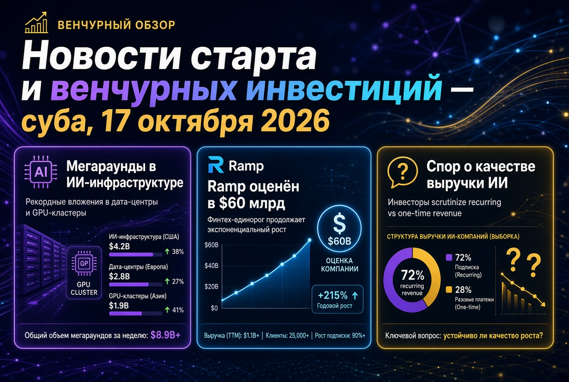 Новости стартапов и венчурных инвестиций — суббота, 17 октября 2026: мегараунды в ИИ-инфраструктуре, Ramp оценён в $60 млрд и спор о качестве выручки ИИ