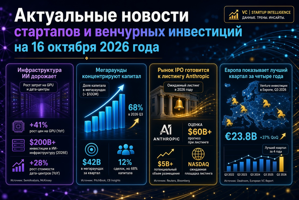 Актуальные новости стартапов и венчурных инвестиций на 16 октября 2026 года: инфраструктура ИИ дорожает, мегараунды концентрируют капитал, рынок IPO готовится к листингу Anthropic, а Европа показывает лучший квартал за четыре года