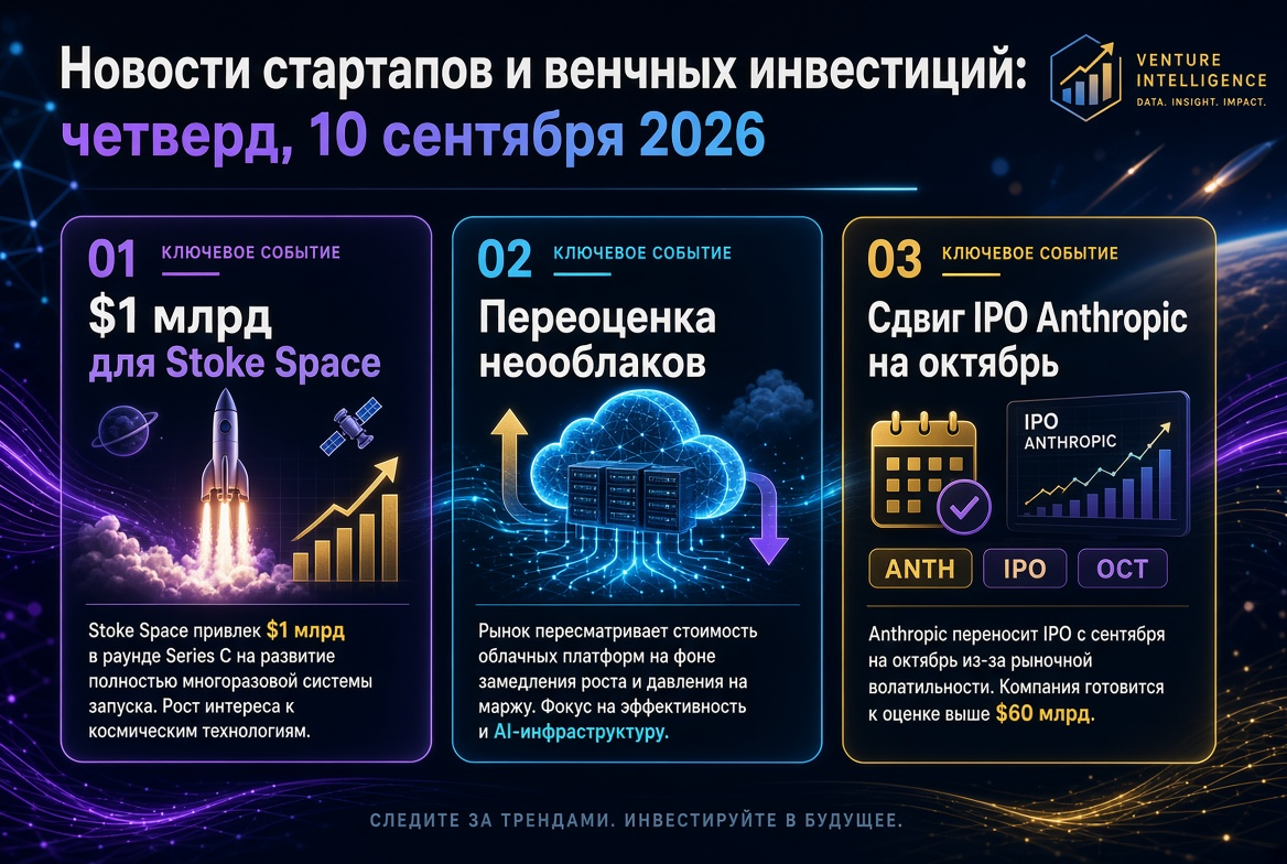 Новости стартапов и венчурных инвестиций: четверг, 10 сентября 2026 — $1 млрд для Stoke Space, переоценка неооблаков и сдвиг IPO Anthropic на октябрь
