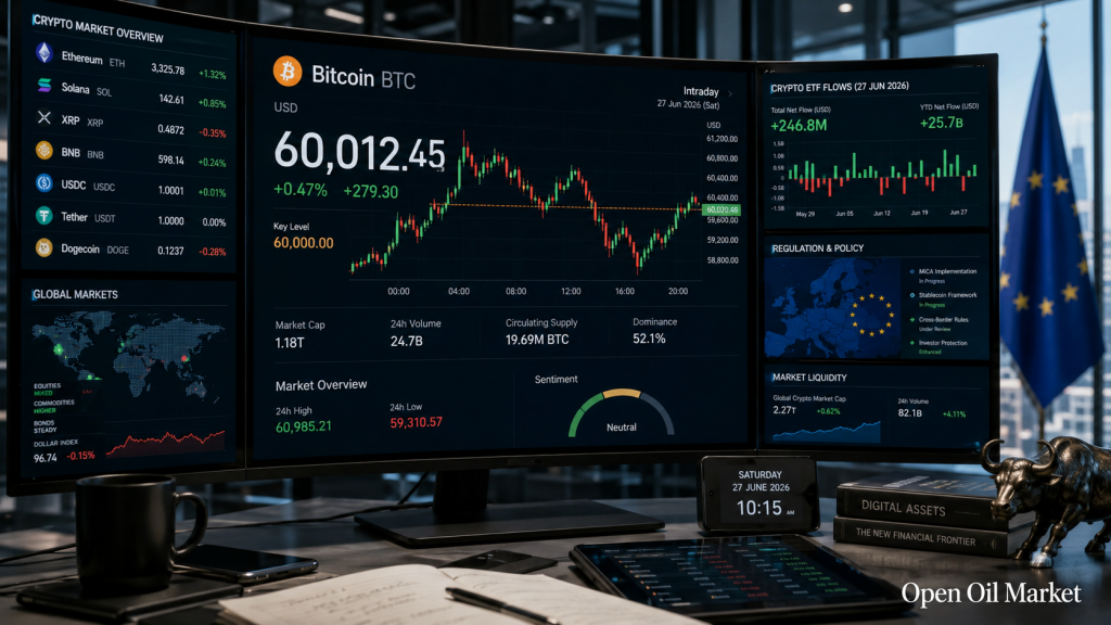 Глобальный рынок криптовалют 27 июня 2026 года: Bitcoin, Ethereum, ETF-потоки, стейблкоины и регулирование MiCA