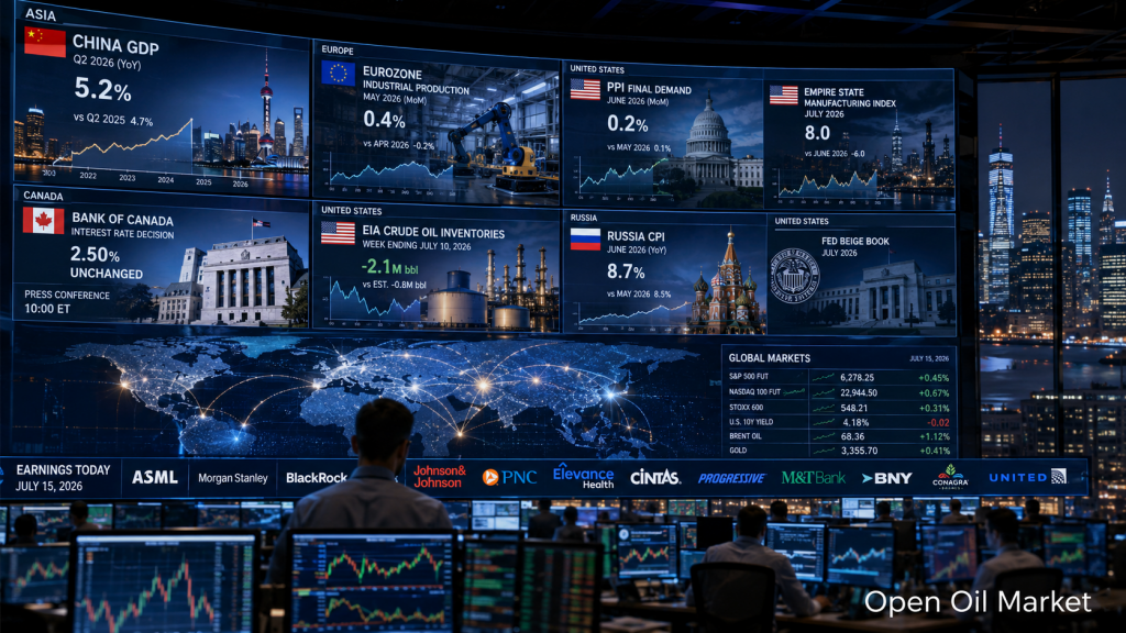 Мировые рынки 15 июля 2026 года: ВВП Китая, PPI США, Банк Канады, запасы нефти EIA и отчёты ASML, Morgan Stanley и BlackRock