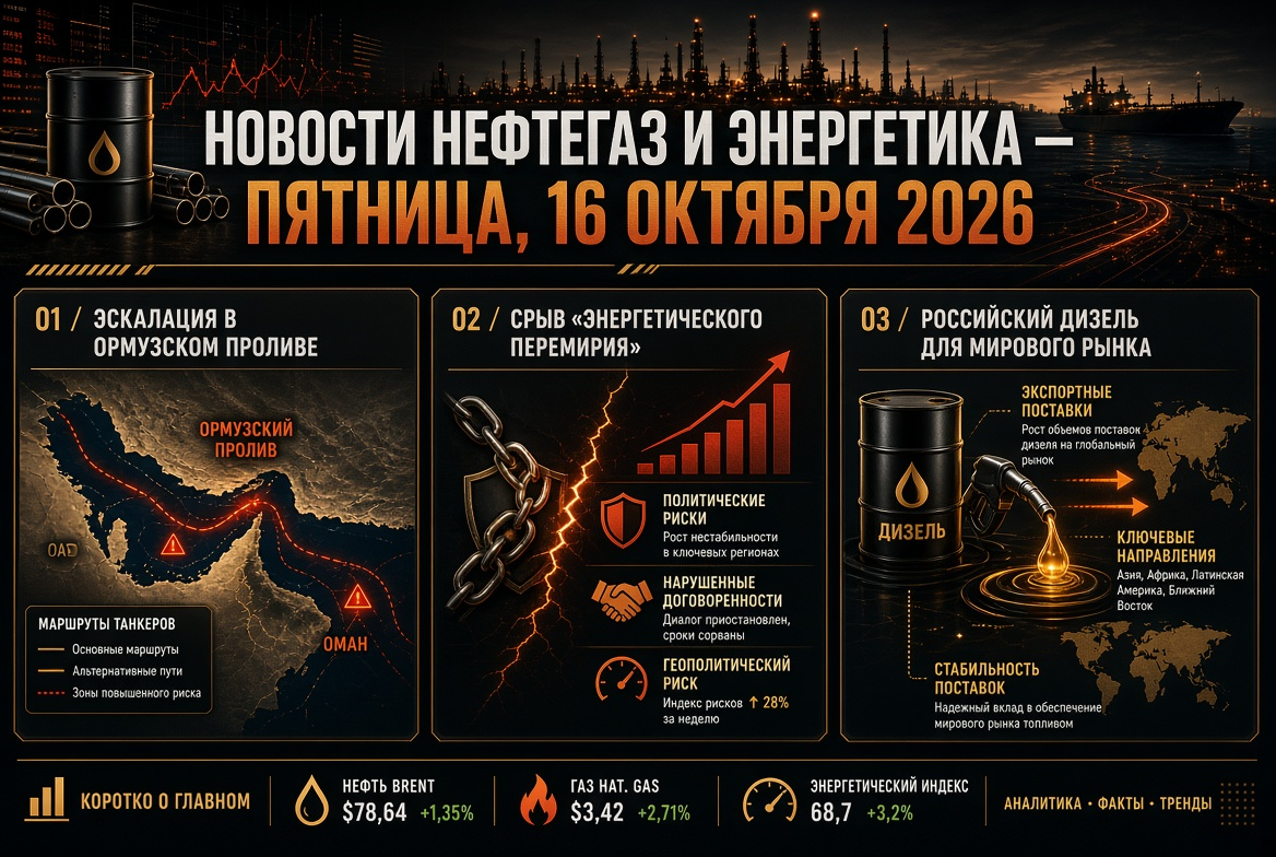 Новости нефтегаз и энергетика — пятница, 16 октября 2026: эскалация в Ормузском проливе, срыв «энергетического перемирия» и российский дизель для мирового рынка