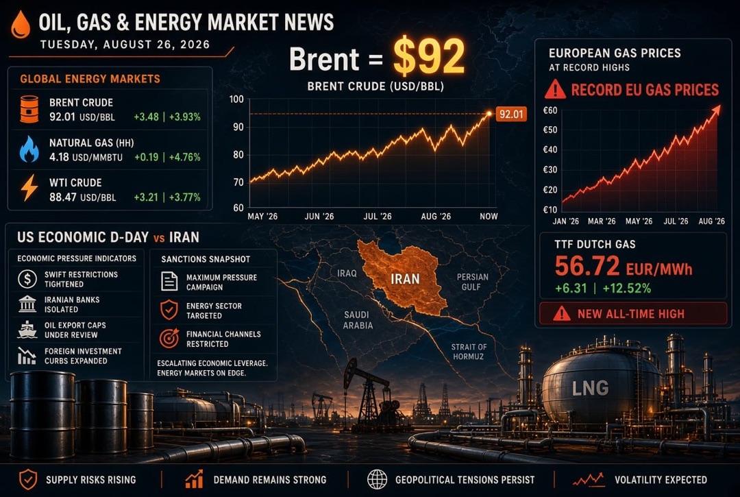 Новости нефтегаз и энергетика — вторник, 26 августа 2026: «экономический D-Day» США против Ирана, Brent у $92 и рекордные цены на газ в Европе