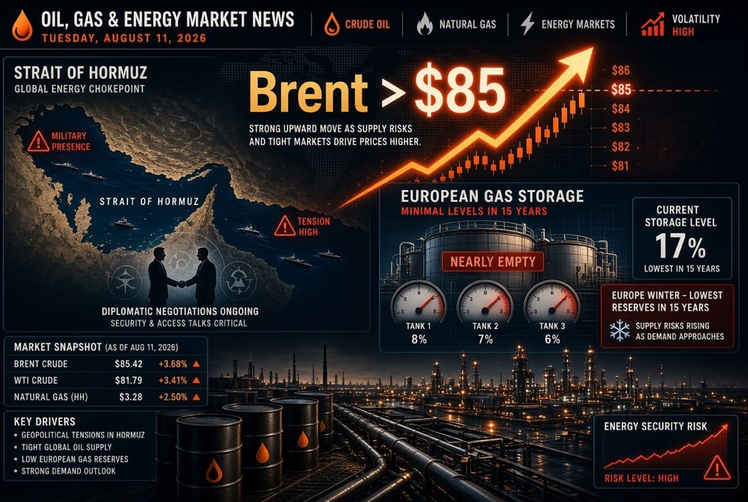 Новости нефтегаз и энергетика — вторник, 11 августа 2026: Brent пробила $85 на фоне торга вокруг Ормузского пролива, Европа входит в зиму с минимальными за 15 лет запасами газа