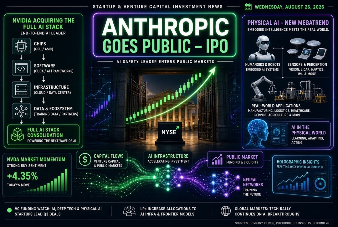Новости стартапов и венчурных инвестиций — среда, 26 августа 2026: Anthropic выходит на IPO, Nvidia скупает весь AI-стек, а физический ИИ становится новым мегатрендом