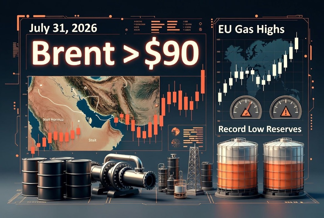 Новости нефтегаз и энергетика — пятница, 31 июля 2026: Brent закрепляется выше $90 на фоне эскалации вокруг Ормузского пролива, газ в Европе у максимумов при рекордно низких запасах