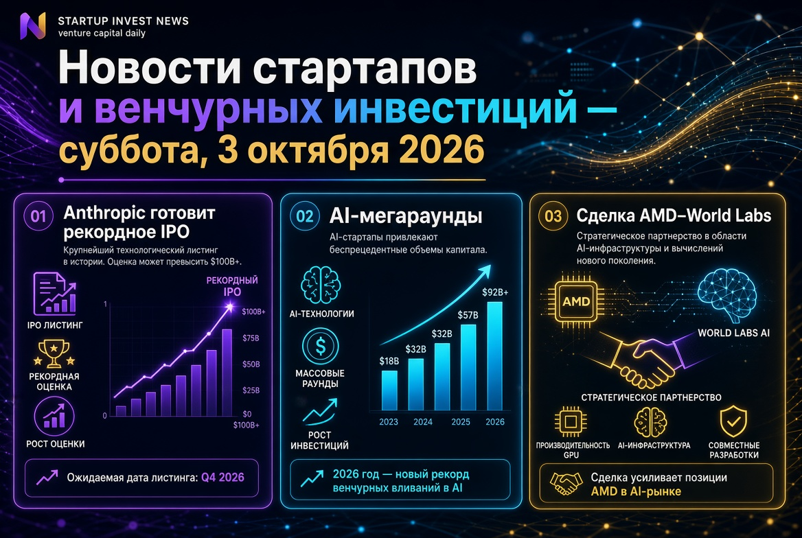Новости стартапов и венчурных инвестиций — суббота, 3 октября 2026: Anthropic готовит рекордное IPO, AI-мегараунды и сделка AMD–World Labs
