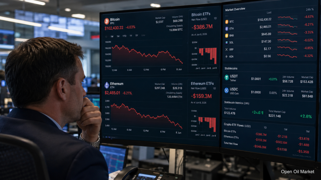 Криптовалютный рынок 8 июня 2026: Bitcoin под давлением, Ethereum снижается, стейблкоины укрепляют позиции