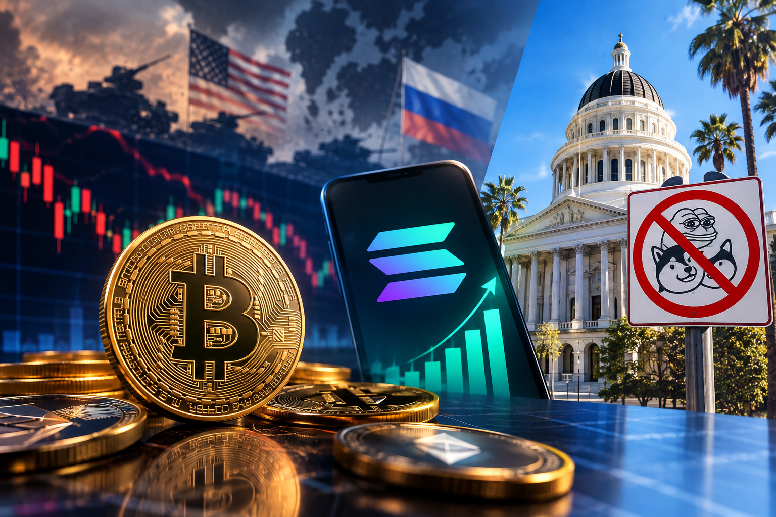 Новости криптовалют, понедельник, 28 сентября 2026: биткоин под давлением геополитики, рекордный приток в Solana-ETF и запрет мемкоинов в Калифорнии
