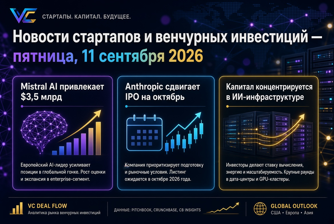 Новости стартапов и венчурных инвестиций — пятница, 11 сентября 2026: Mistral AI привлекает $3,5 млрд, Anthropic сдвигает IPO на октябрь, а капитал концентрируется в ИИ-инфраструктуре