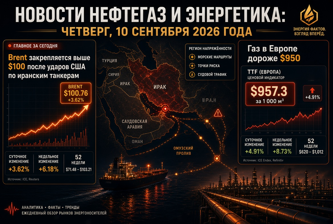Новости нефтегаз и энергетика: четверг, 10 сентября 2026 года — Brent закрепляется выше $100 после ударов США по иранским танкерам, газ в Европе дороже $950