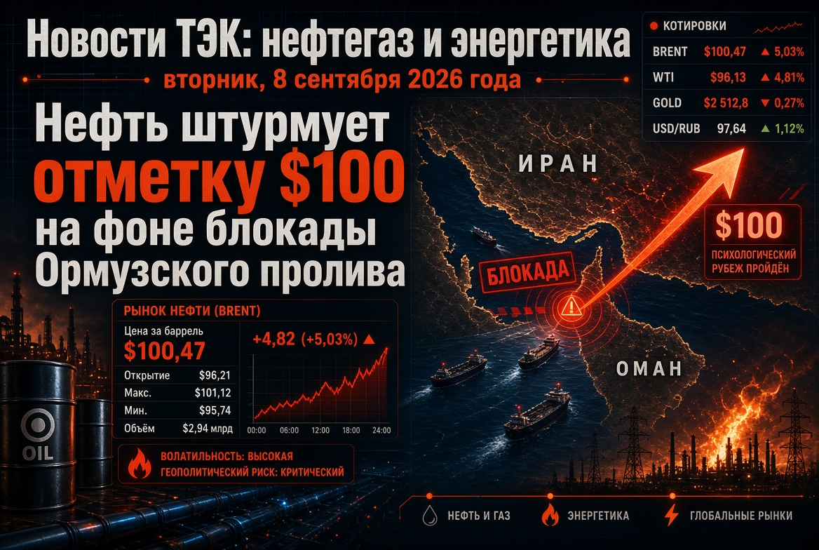 Новости ТЭК: нефтегаз и энергетика, вторник, 8 сентября 2026 года — нефть штурмует отметку $100 на фоне блокады Ормузского пролива