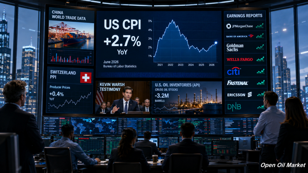Глобальные рынки 14 июля 2026 — CPI США, статистика Китая, запасы нефти API и отчёты JPMorgan, Bank of America, Goldman Sachs, Wells Fargo и Citigroup
