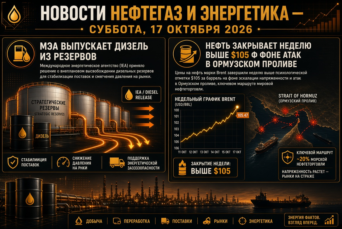 Новости нефтегаз и энергетика — суббота, 17 октября 2026: МЭА выпускает дизель из резервов, нефть закрывает неделю выше $105 на фоне атак в Ормузском проливе