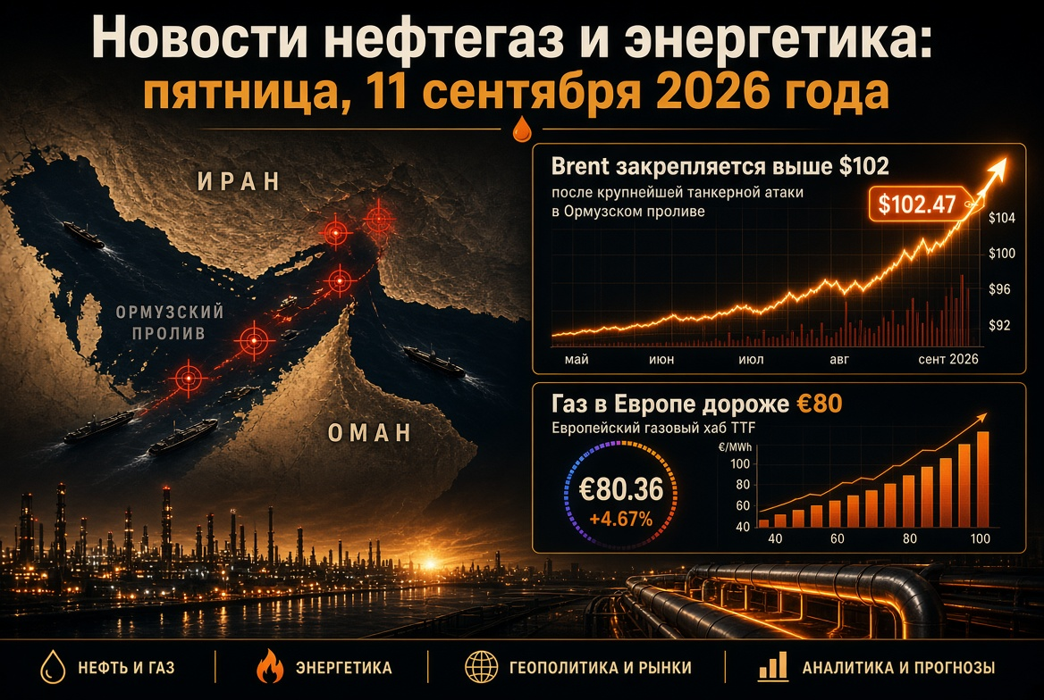 Новости нефтегаз и энергетика: пятница, 11 сентября 2026 года — Brent закрепляется выше $102 после крупнейшей танкерной атаки в Ормузском проливе, газ в Европе дороже €80