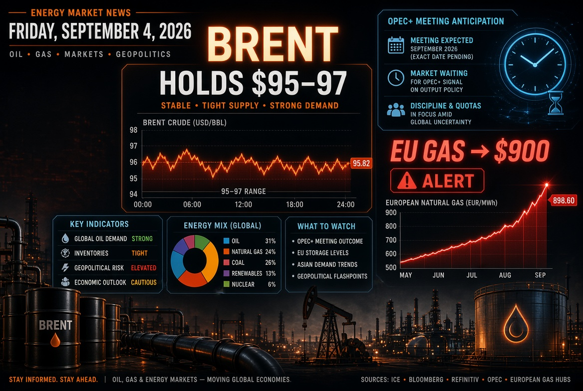 Новости нефтегаза и энергетики — пятница, 4 сентября 2026: Brent удерживается у $95–97 в ожидании встречи ОПЕК+, газ в Европе штурмует $900