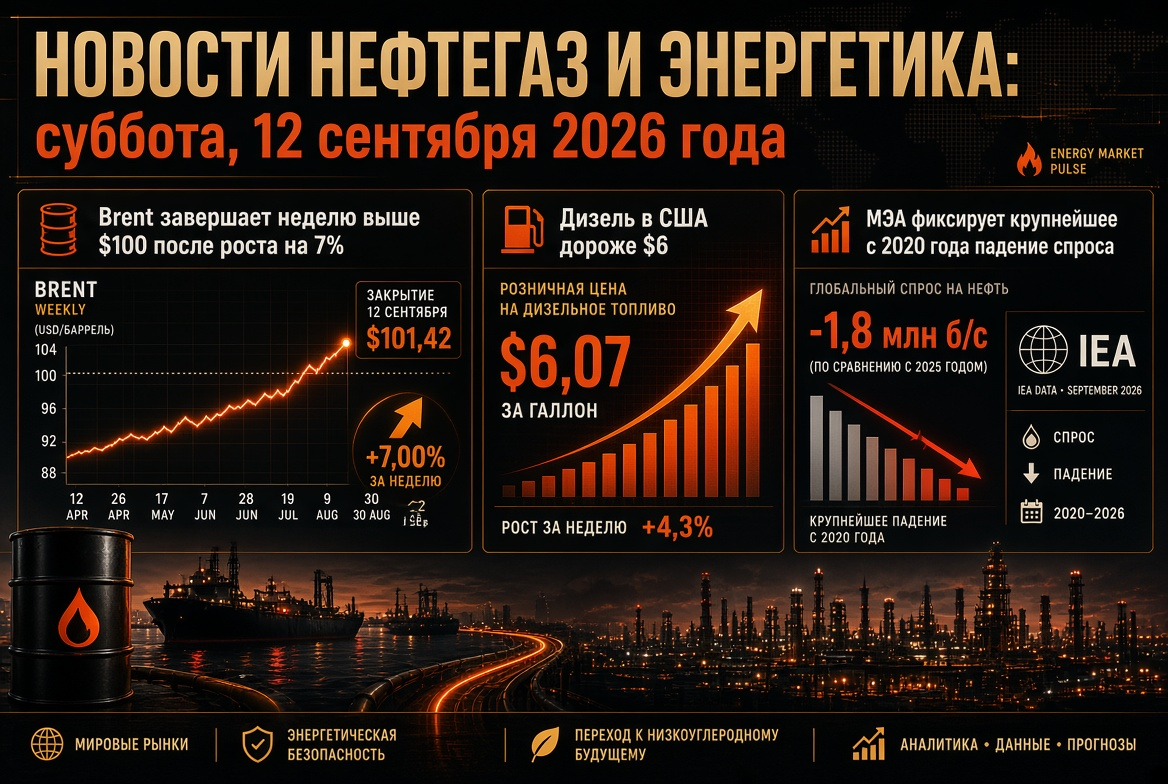 Новости нефтегаз и энергетика: суббота, 12 сентября 2026 года — Brent завершает неделю выше $100 после роста на 7%, дизель в США дороже $6, МЭА фиксирует крупнейшее с 2020 года падение спроса