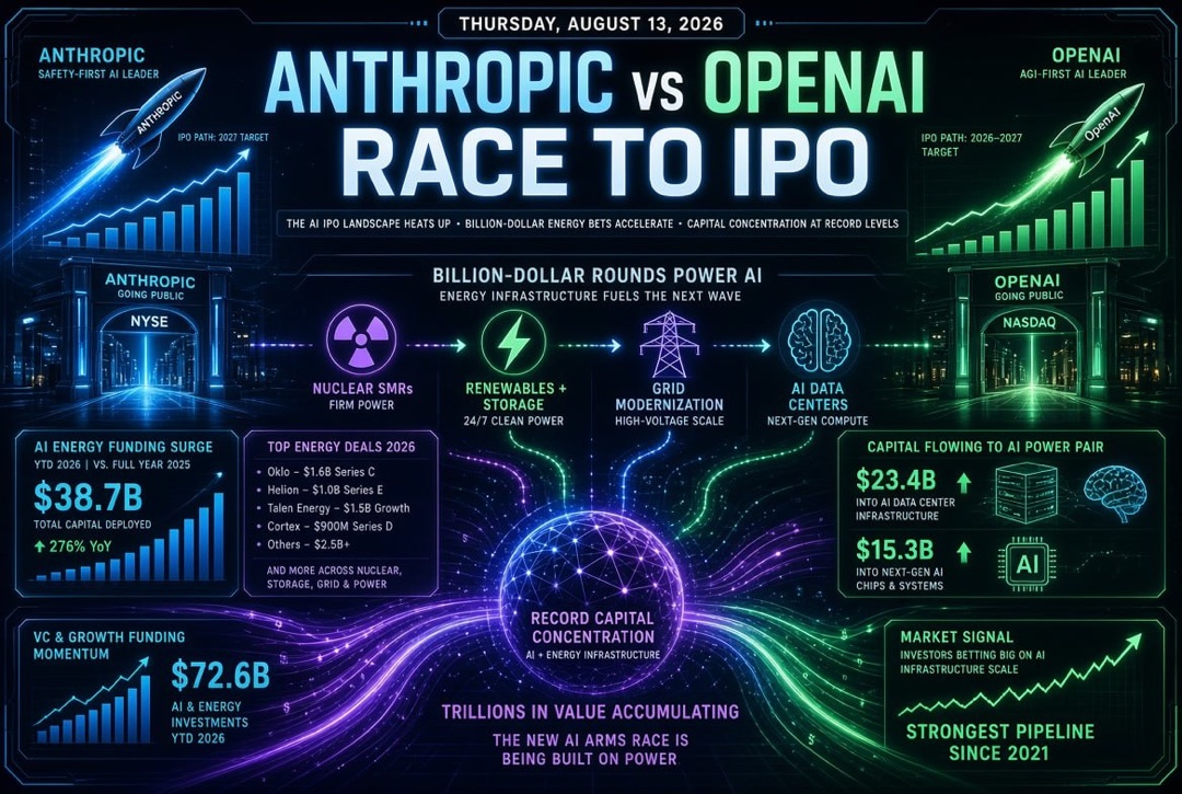 Новости стартапов и венчурных инвестиций — четверг, 13 августа 2026: гонка Anthropic и OpenAI к бирже, миллиардные раунды в энергетике для ИИ и рекордная концентрация капитала