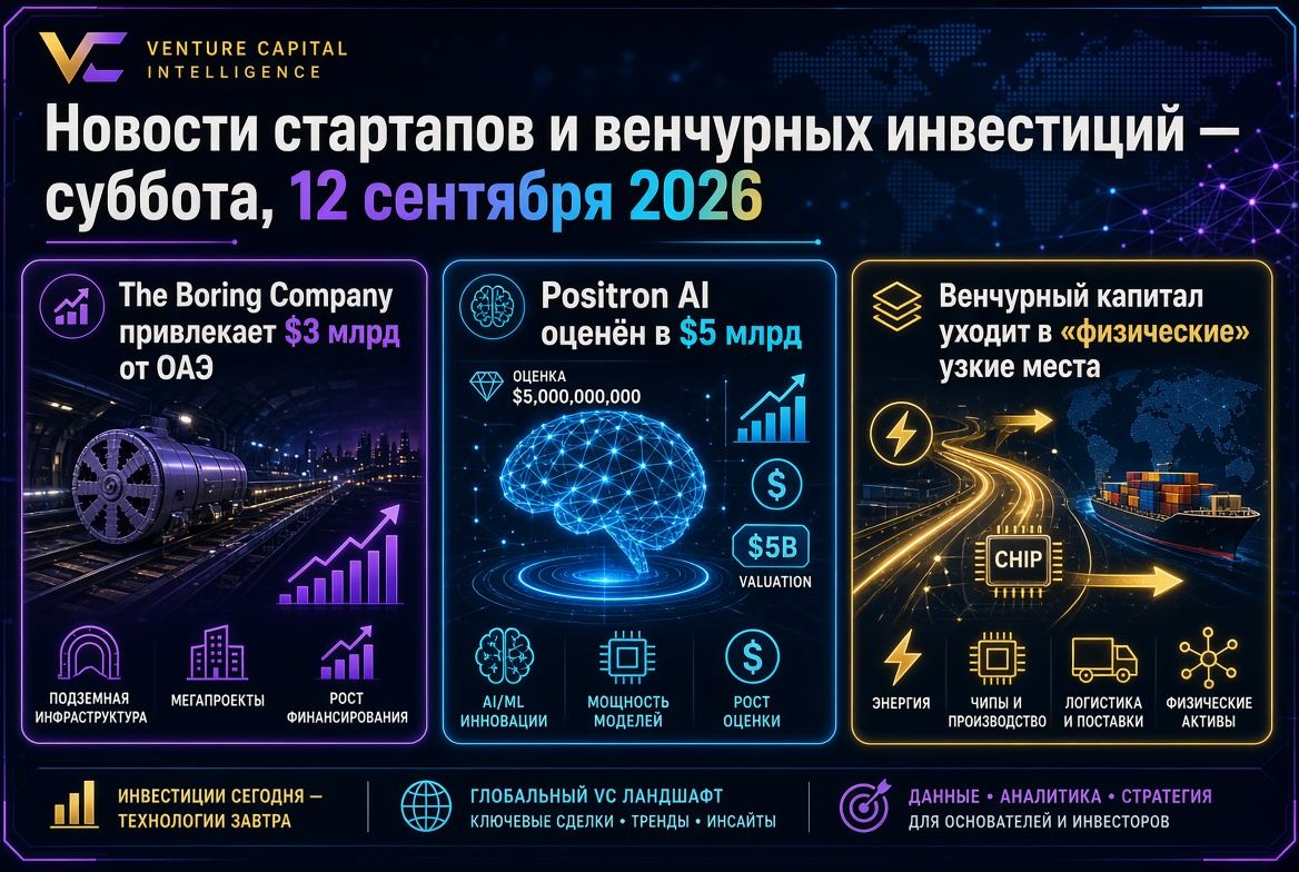 Новости стартапов и венчурных инвестиций — суббота, 12 сентября 2026: The Boring Company привлекает $3 млрд от ОАЭ, Positron AI оценён в $5 млрд, а венчурный капитал уходит в «физические» узкие места