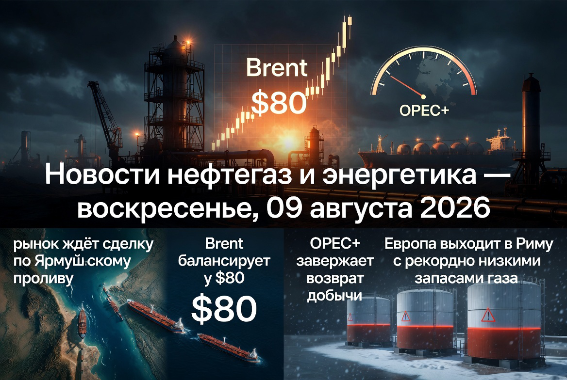 Новости нефтегаз и энергетика — воскресенье, 09 августа 2026: рынок ждёт сделку по Ормузскому проливу, Brent балансирует у $80, ОПЕК+ завершает возврат добычи, Европа входит в зиму с рекордно низкими запасами газа