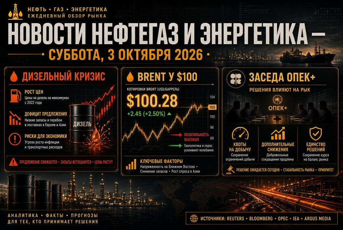 Новости нефтегаз и энергетика — суббота, 3 октября 2026: дизельный кризис, Brent у $100 и заседание ОПЕК+