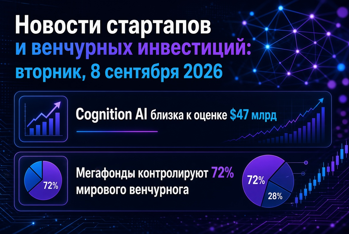 Новости стартапов и венчурных инвестиций: вторник, 8 сентября 2026 — Cognition AI близка к оценке $47 млрд, а мегафонды контролируют 72% мирового венчурного рынка
