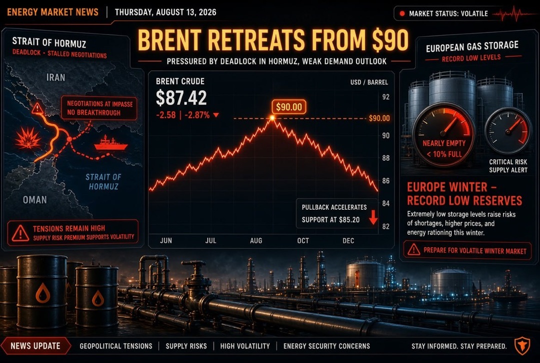 Новости нефтегаз и энергетика — четверг, 13 августа 2026: Brent отступает от $90 на фоне тупика вокруг Ормузского пролива; Европа входит в зиму с рекордно низкими запасами газа
